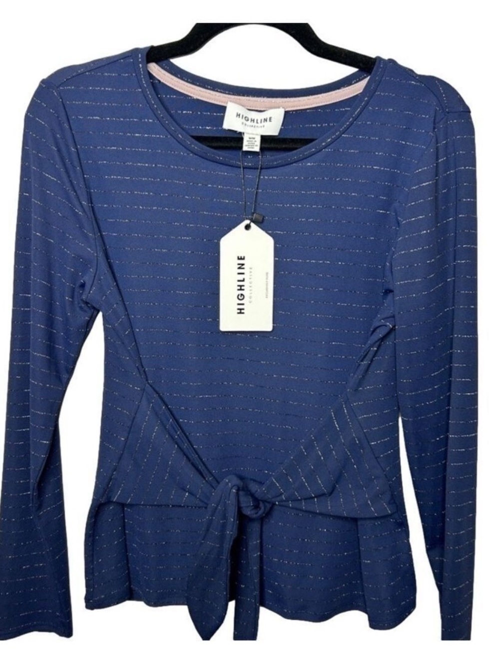 Highline Collective Tie Front Long Sleeve Metallic Stripe Top Medium Blue NWT